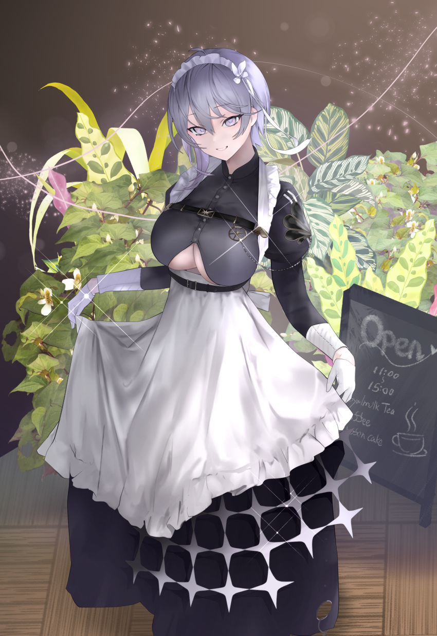 1girl apron azur_lane bangs bellona_(armed_to_clean)_(azur_lane) bellona_(azur_lane) black_dress breasts bronzeii002 chest_belt clothes_lift clothing_cutout collared_dress commentary dress dress_lift full_body gloves grey_eyes grey_hair hair_between_eyes half_gloves highres juliet_sleeves large_breasts long_sleeves looking_at_viewer maid maid_apron maid_headdress menu_board official_alternate_costume parted_lips puffy_sleeves shadow short_hair sidelocks smile solo standing underboob underboob_cutout underbust white_gloves wooden_floor
