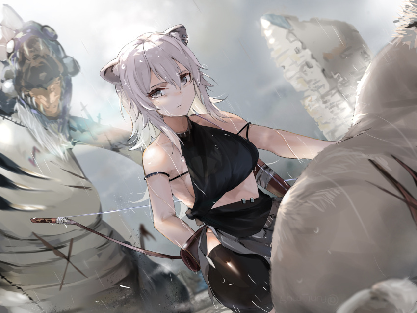 1girl animal_ears bow_(weapon) breasts closed_mouth cloud cloudy_sky commentary_request crop_top day earrings expressionless funi_mu9 grey_eyes grey_hair highres hololive jewelry lion lion_ears lion_girl long_hair monster open_mouth outdoors quiver rain shishiro_botan sideboob sky sleeveless solo_focus squatting virtual_youtuber weapon