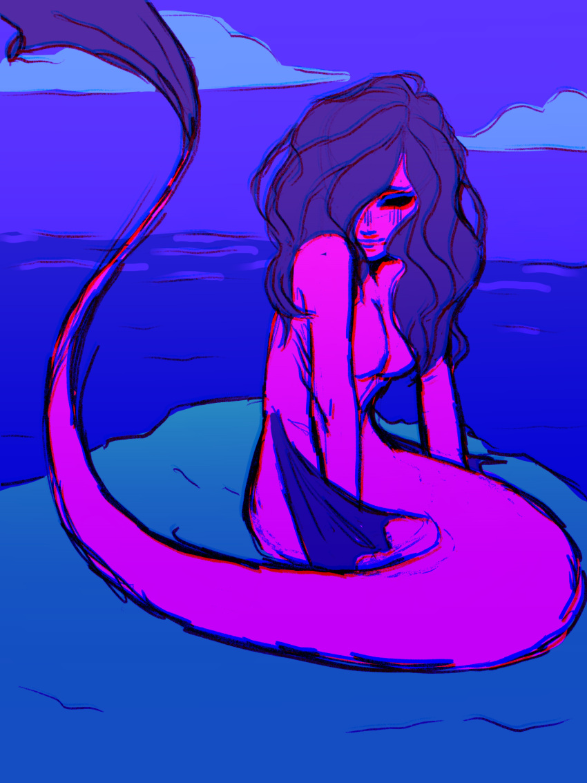 absurd_res black_eyes black_sclera blush blush_lines breasts dreamscreep fan_character featureless_breasts female fin gills hair hair_over_eye hi_res humanoid long_hair looking_at_viewer marine merfolk mermay nude one_eye_obstructed pink_body pink_skin purple_fin purple_hair rock sea sitting smile smiling_at_viewer solo split_form tail tail_fin water