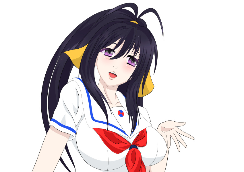 1girl absurdres ahoge bangs black_hair breasts collarbone crossover hair_between_eyes head_tilt high_school_dxd high_school_fleet highres himejima_akeno large_breasts long_hair name_connection neckerchief open_mouth portrait purple_eyes red_neckerchief sailor sailor_collar school_uniform serafuku shirt simple_background solo uniform upper_body white_background white_shirt yokosuka_girls_marine_high_school_uniform