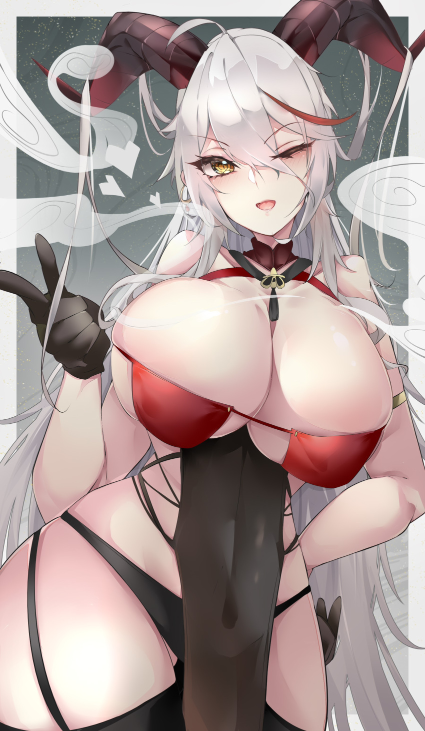 1girl absurdres aegir_(azur_lane) ahoge azur_lane bare_shoulders breasts cleavage collarbone covered_navel cowboy_shot criss-cross_halter curvy detached_collar dress finger_gun gloves halterneck highres horns huge_breasts kive long_hair looking_at_viewer one_eye_closed open_mouth outside_border sideless_outfit smile tassel tsurime very_long_hair white_hair yellow_eyes