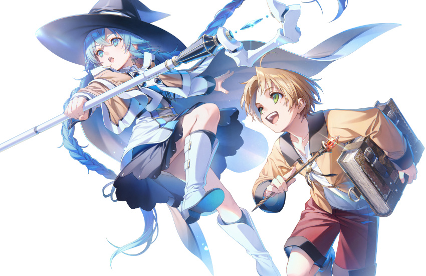 1boy 1girl absurdres black_skirt blu-ray_cover blue_eyes blue_hair book boots braid brown_hair cover green_eyes hair_between_eyes hat highres holding holding_book holding_staff incredibly_absurdres long_hair long_sleeves mage_staff midair mole mole_under_eye mushoku_tensei official_art open_mouth roxy_migurdia rudeus_greyrat shirotaka_(5choume) short_hair shorts simple_background skirt staff teeth twin_braids upper_teeth_only white_background witch_hat