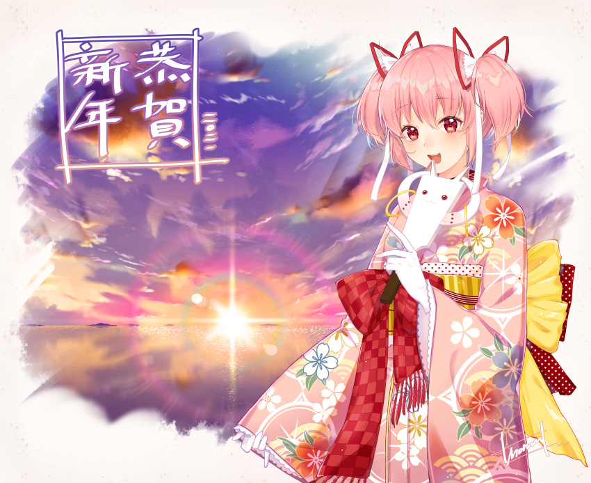 1girl :3 :d absurdres arm_at_side back_bow bangs blue_sky bow checkered_sash floral_print gloves hair_ribbon hand_up hanetsuki highres holding holding_paddle japanese_clothes kaname_madoka kaname_madoka_(haregi_ver.) kimono kyubey looking_at_viewer magia_record:_mahou_shoujo_madoka_magica_gaiden mahou_shoujo_madoka_magica momuraer obi obiage obijime objectification open_mouth paddle pink_eyes pink_hair pink_kimono polka_dot print_kimono red_ribbon red_sash ribbon sash seigaiha short_hair sidelocks signature sky smile solo striped_sash sunrise teeth twintails upper_body upper_teeth_only vertical-striped_sash white_gloves white_ribbon yellow_sash