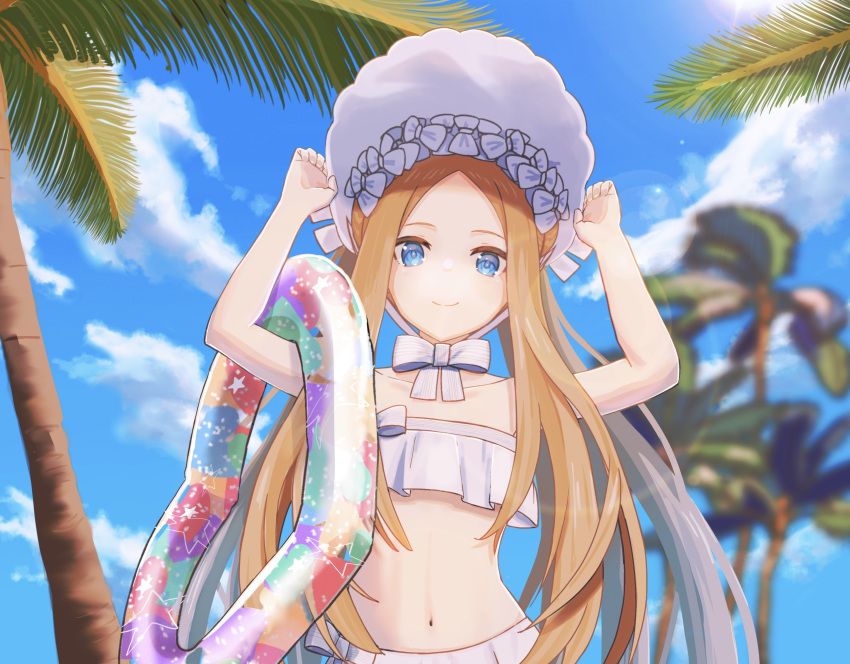 1girl abigail_williams_(fate) abigail_williams_(swimsuit_foreigner)_(fate) abigail_williams_(swimsuit_foreigner)_(third_ascension)_(fate) absurdres bangs bare_shoulders bikini blonde_hair blue_eyes blue_sky blush bomberca309 bonnet bow breasts fate/grand_order fate_(series) forehead hair_bow highres innertube long_hair looking_at_viewer miniskirt navel palm_tree parted_bangs sidelocks skirt sky small_breasts smile solo swimsuit tree twintails very_long_hair white_bikini white_bow white_headwear