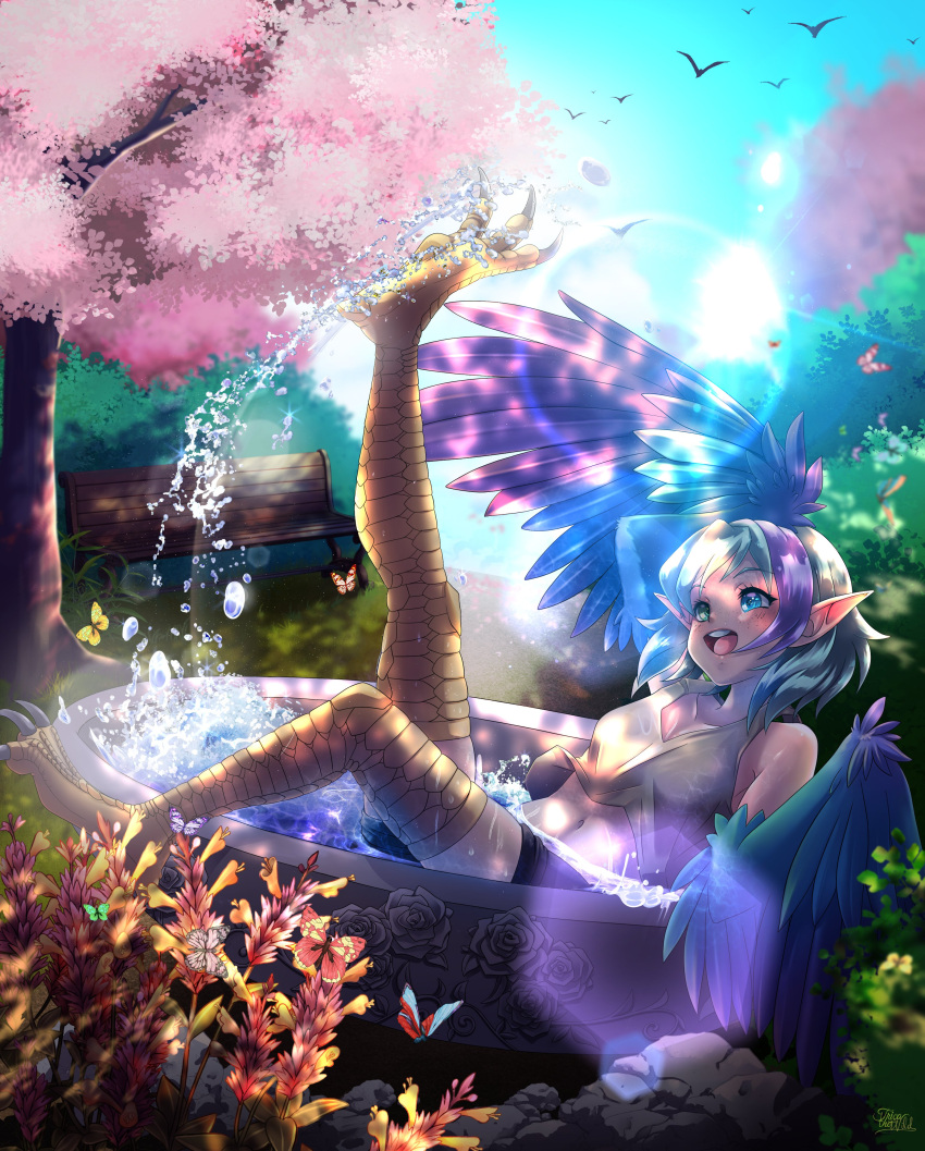 1girl absurdres bare_shoulders bench bird bird_legs blue_eyes blue_feathers blue_hair blue_wings breasts bug butterfly feathers grey_tank_top harpy highres indie_virtual_youtuber lens_flare medium_breasts medium_hair midriff monster_girl multicolored_hair navel open_mouth outdoors partially_submerged pointy_ears pool purple_hair rock second-party_source shorts solo talons tank_top teeth tree tricathewild two-tone_hair upper_teeth_only virtual_youtuber water winged_arms wings