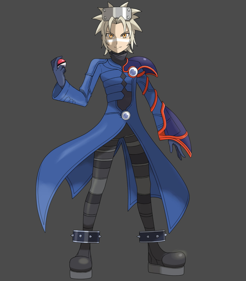 1boy anklet asatsuki_(fgfff) bangs blonde_hair blue_coat boots closed_mouth coat commentary_request facepaint full_body gloves grey_background hand_up highres holding holding_poke_ball jewelry long_sleeves looking_at_viewer male_focus orange_eyes pants parted_bangs poke_ball poke_ball_(basic) pokemon pokemon_(game) pokemon_colosseum short_hair simple_background smile solo standing wes_(pokemon)