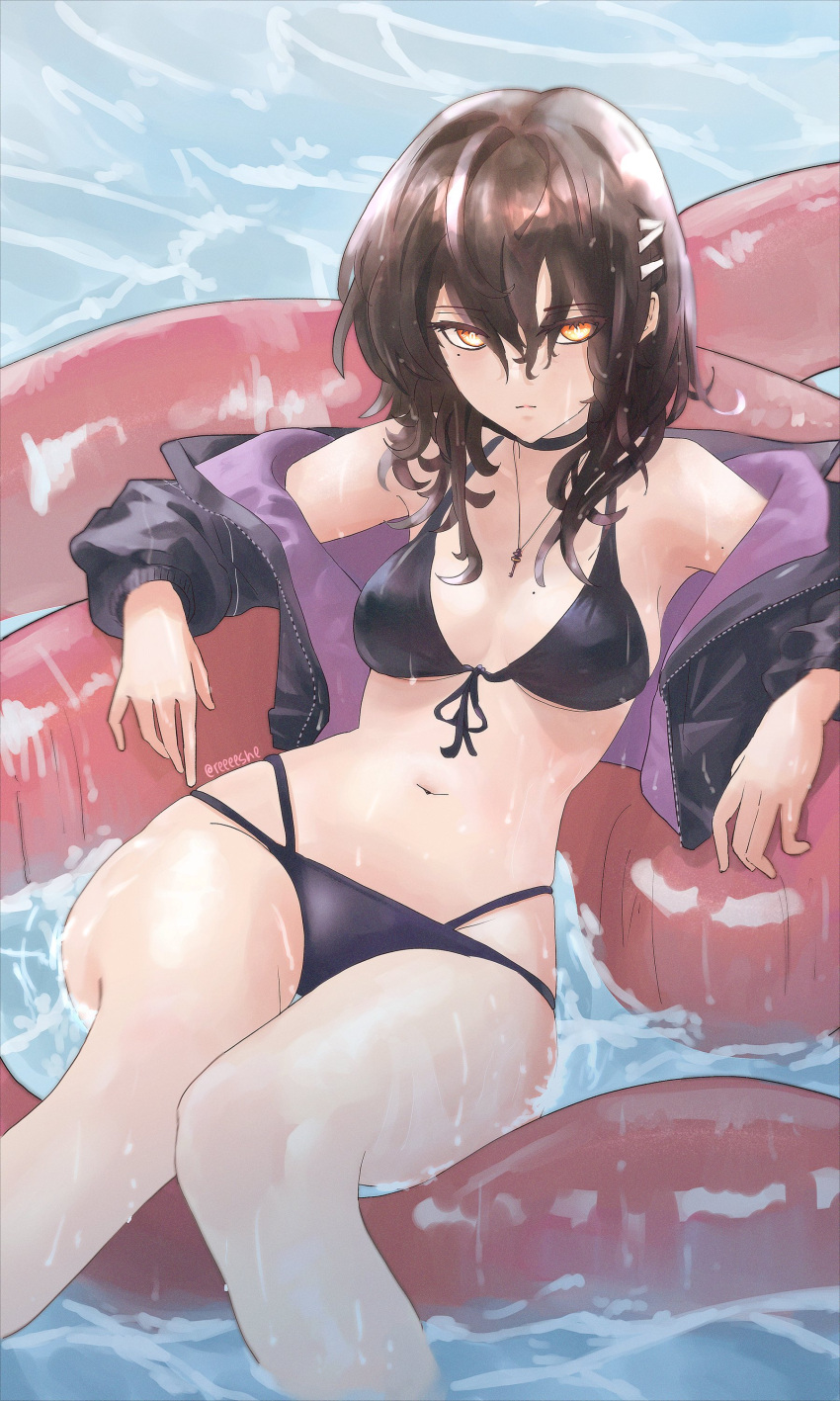 1girl absurdres bikini black_bikini breasts brown_hair english_commentary feet_out_of_frame girls'_frontline girls'_frontline_neural_cloud hair_over_eyes hatsuchiri_(girls'_frontline_nc) highres jacket jewelry key_necklace long_hair looking_at_viewer mole mole_on_breast mole_under_eye navel necklace off_shoulder open_clothes open_jacket partially_immersed rishe_(reeeeshe) solo swimsuit tentacles twitter_username water wet yellow_eyes