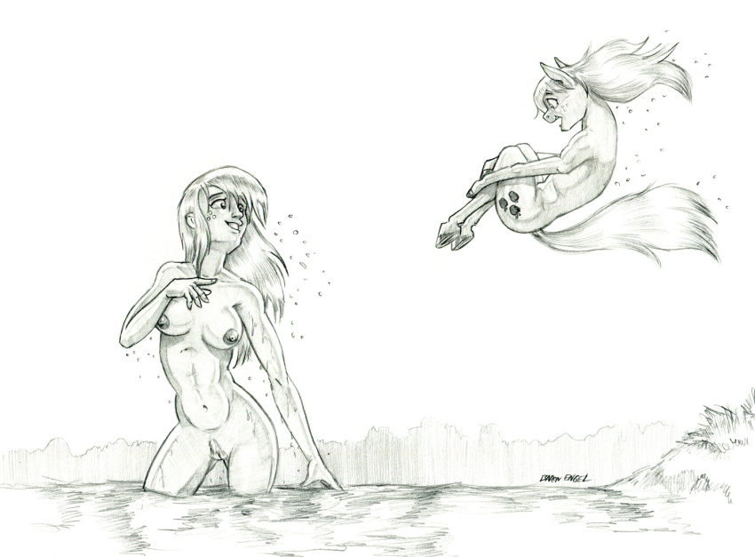 2023 applejack_(mlp) areola baron_engel breasts cutie_mark diving duo earth_pony equid equine female feral friendship_is_magic genitals graphite_(artwork) greyscale hair hasbro horse human long_hair mammal monochrome my_little_pony navel nipples nude open_mouth partially_submerged pencil_(artwork) pony pussy skinny_dipping smile square_crossover traditional_media_(artwork) water wet wet_hair