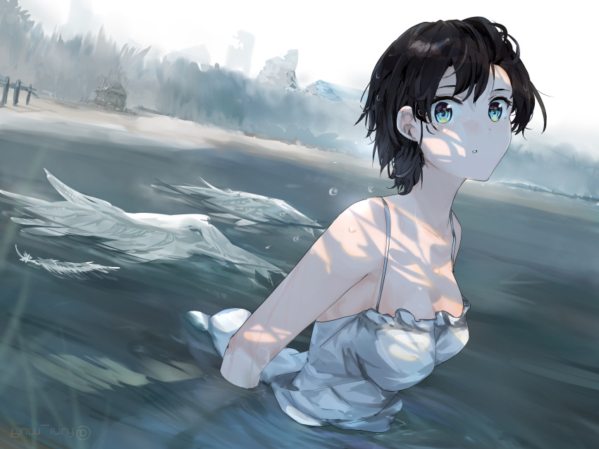 1girl alternate_costume aqua_eyes black_hair breasts cabin cleavage commentary_request day dress feathers funi_mu9 highres hololive lake looking_at_viewer medium_breasts oozora_subaru outdoors parted_lips partially_submerged short_hair sleeveless sleeveless_dress solo upper_body virtual_youtuber water wet wet_clothes