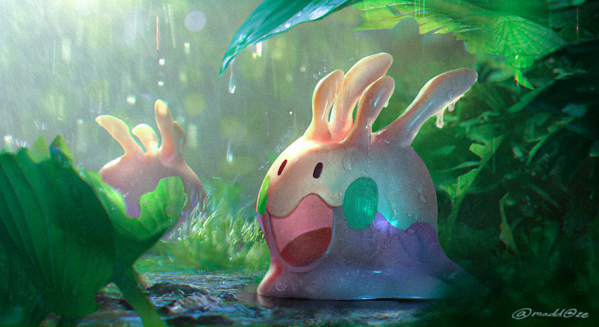 black_eyes commentary_request day goomy highres leaf maddoze no_humans open_mouth outdoors pokemon pokemon_(creature) rain solid_oval_eyes tongue water watermark wet