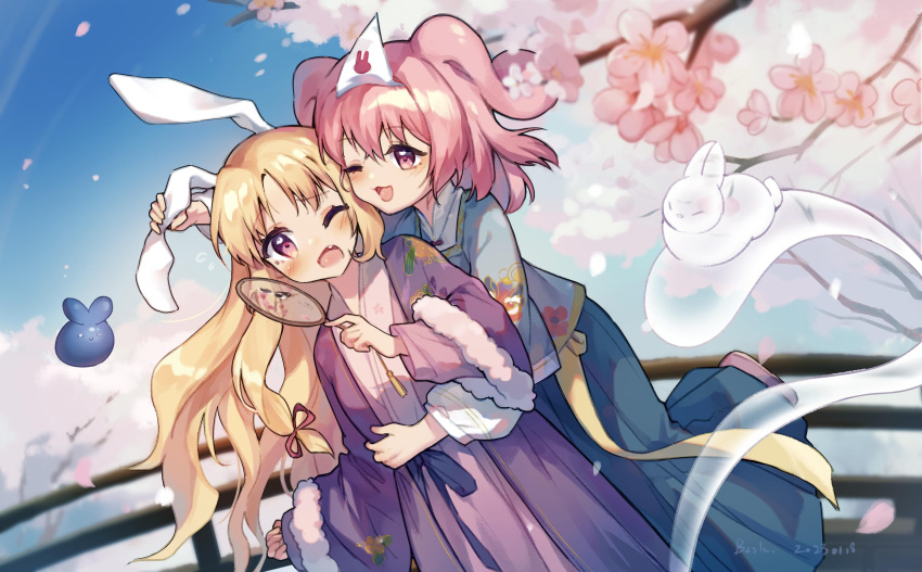 2girls absurdres alternate_costume animal_ears baozishark blonde_hair blush cherry_blossoms dated fake_animal_ears fang floral_print flying_sweatdrops hair_between_eyes highres hitodama holding long_hair long_sleeves multiple_girls one_eye_closed open_mouth pink_eyes pink_hair purple_eyes rabbit_ears saigyouji_yuyuko signature smile touhou triangular_headpiece wide_sleeves yakumo_yukari