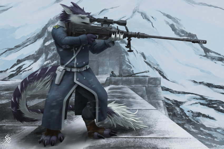 3:2 anthro artist_logo artist_name black_claws blue_clothing blue_coat blue_topwear cereus93 claws clothed clothing coat duo ears_back finger_claws fur glistening glistening_eyes grey_eyes head_tuft hi_res holding_sniper_rifle logo male markings narrowed_eyes outside pivoted_ears purple_body purple_fur sergal snow solo_focus standing striped_body striped_fur striped_markings striped_tail stripes tail tail_markings tail_tuft toe_claws topwear tuft white_body white_fur