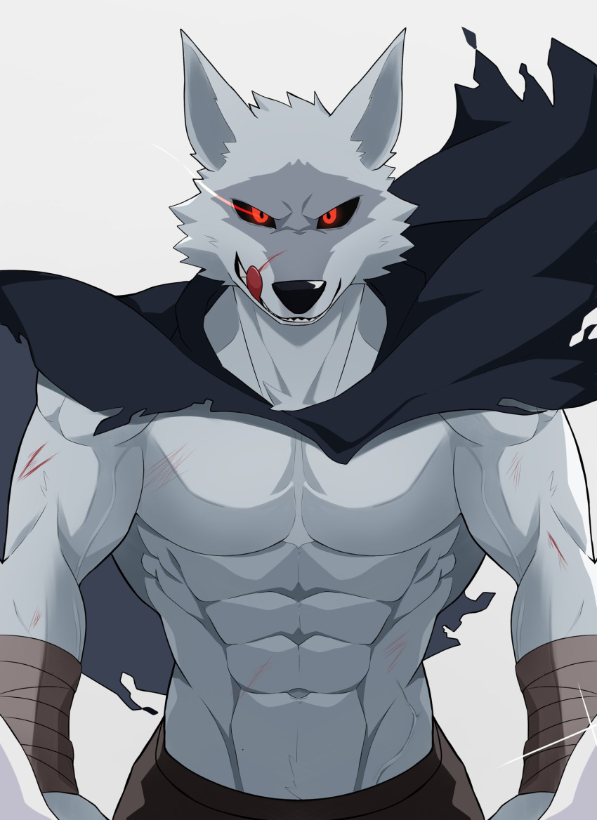 2023 abs anthro arm_wraps biceps black_cloak black_clothing black_nose black_sclera canid canine canis cape cloak clothing death_(puss_in_boots) digital_media_(artwork) dreamworks fingers fur grey_body grey_fur hi_res licking licking_lips looking_at_viewer male mammal multicolored_body multicolored_fur muscular muscular_anthro muscular_male pecs pubes puss_in_boots_(film) puss_in_boots_the_last_wish red_eyes serratus sharp_teeth simple_background smile smiling_at_viewer solo takochinki teeth tongue tongue_out tuft two_tone_body two_tone_fur vein veiny_muscles white_background wolf wounded wraps