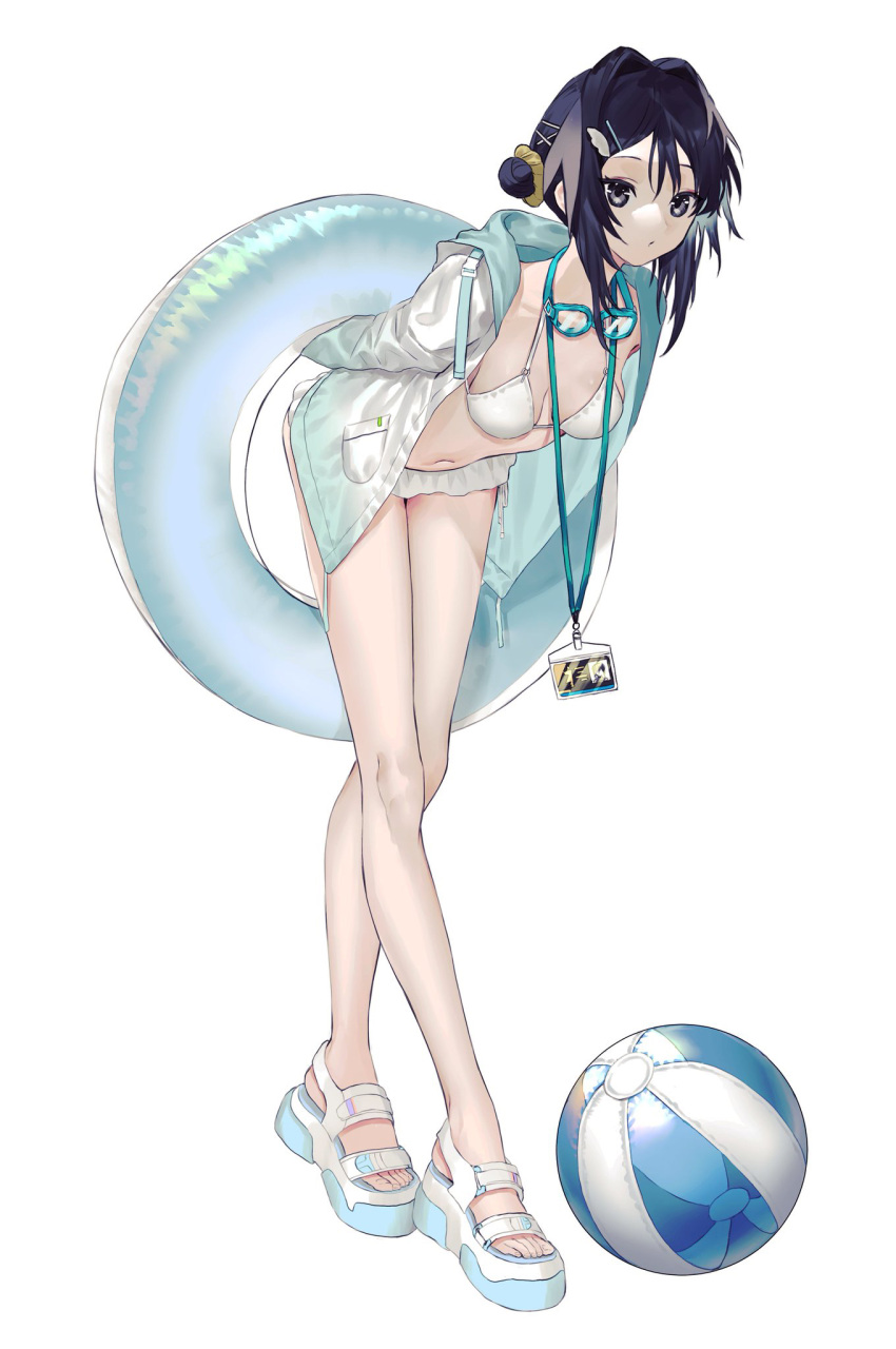 1girl arknights ball beachball bikini black_hair blue_eyes blush breasts cleavage full_body goggles goggles_around_neck hair_bun hair_intakes hair_ornament hairclip highres id_card jacket jacket_over_swimsuit la_pluma_(arknights) la_pluma_(summer_flowers)_(arknights) lanyard leaning_forward long_sleeves looking_at_viewer medium_breasts mma-ru navel official_alternate_costume sandals simple_background solo standing swimsuit white_background white_bikini white_footwear white_jacket