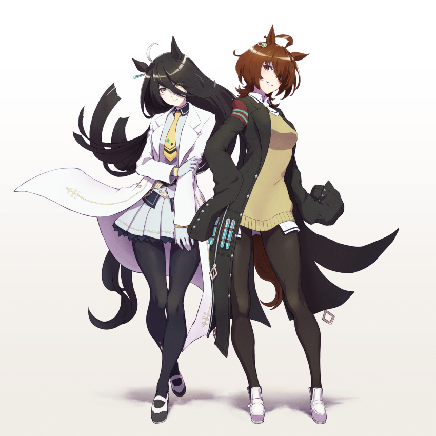 2girls adapted_costume agnes_tachyon_(umamusume) ahoge animal_ears bangs black_hair black_pantyhose brown_hair chemical_structure collared_shirt ear_piercing earrings frilled_skirt frills hair_between_eyes highres horse_ears horse_girl horse_tail jacket jewelry labcoat long_bangs long_hair long_sleeves looking_at_viewer manhattan_cafe_(umamusume) messy_hair multicolored_hair multiple_girls necktie pantyhose piercing pleated_skirt red_eyes shirt short_hair single_earring skirt sleeves_past_fingers sleeves_past_wrists sweater sweater_vest tail tenkey2022 test_tube umamusume white_footwear white_hair white_jacket white_necktie white_shirt white_skirt yellow_eyes yellow_necktie yellow_sweater