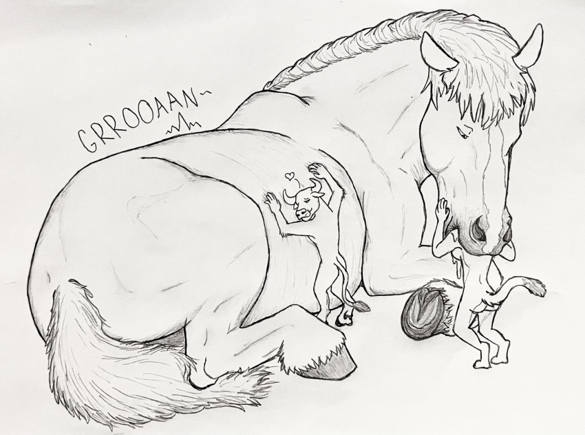 &lt;3 ambiguous_gender anthro bovid bovine cattle equid equine felid female feral groan group hgythshs hi_res horse larger_feral lying_on_another macro male mammal size_difference smaller_anthro traditional_media_(artwork) vore willing_pred willing_prey willing_vore