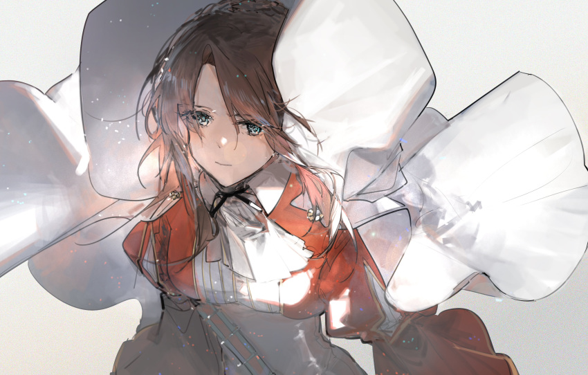 1girl absurdres blue_eyes blueblossom brown_hair cape closed_mouth commentary girls'_frontline green_eyes grey_background highres jacket lee-enfield_(girls'_frontline) lens_flare long_hair long_sleeves military military_uniform red_jacket shirt solo uniform upper_body white_cape white_shirt
