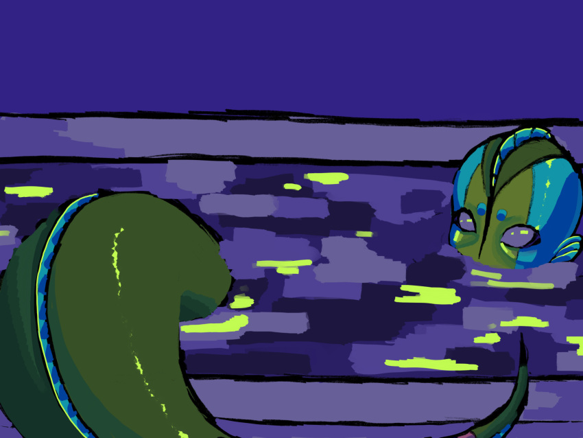 4:3 ambiguous_gender anthro bathtub blue_fin blue_markings circle_eyebrows colored dreamscreep ear_fins eel eel_merfolk eyebrows facial_markings fan_character fin fish glistening glistening_body glistening_eyes glistening_scales glistening_skin green_body green_scales head_fin head_markings hi_res marine markings merfolk mermay partially_submerged scales shaded solo split_form water