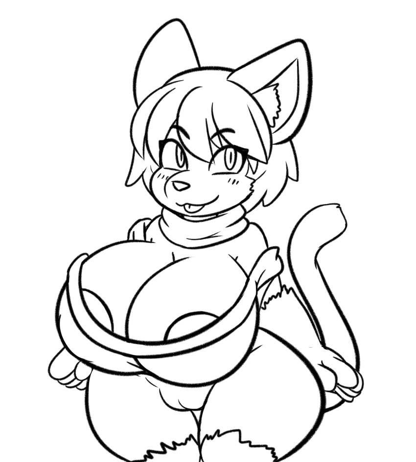 anthro areola areola_slip big_breasts blush blush_lines bottomless breasts clothed clothing domestic_cat felid feline felis female genitals hair hi_res huge_breasts lasso_(artist) looking_at_viewer mammal monochrome paccsu pupils purnima_(paccsu) pussy short_hair short_stack simple_background slit_pupils smile solo thick_thighs tongue tongue_out topwear white_background wide_hips