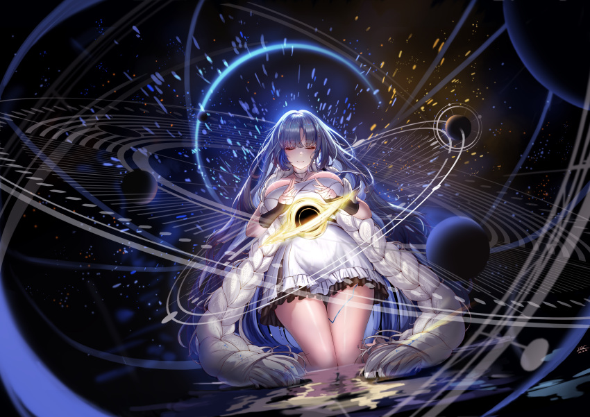 1girl absurdres black_hole blue_hair breasts closed_eyes commentary dress english_commentary full_body girls'_frontline girls'_frontline_neural_cloud highres hubble_(girls'_frontline_nc) jewelry kneeling large_breasts lilac_(k32420276) long_hair necklace planet smile solo thighs very_long_hair water white_dress