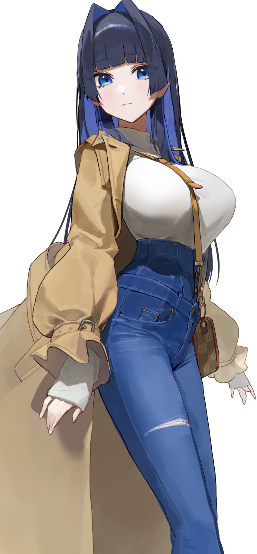 1girl absurdres bag bangs black_hair blue_eyes blue_hair blunt_bangs breasts brown_coat closed_mouth coat cost denim hair_intakes high-waist_pants highres hololive hololive_english jeans large_breasts logknn long_hair long_sleeves looking_at_viewer multicolored_hair open_clothes open_coat ouro_kronii pants simple_background sleeves_past_wrists solo virtual_youtuber white_background