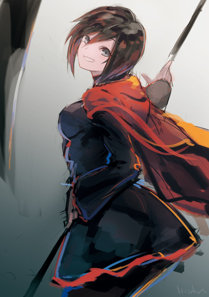 1girl absurdres black_dress black_hair blue_eyes breasts cloak cowboy_shot dress from_side grey_background grin hair_between_eyes highres irikawa long_sleeves looking_at_viewer medium_breasts ruby_rose rwby short_hair simple_background smile solo