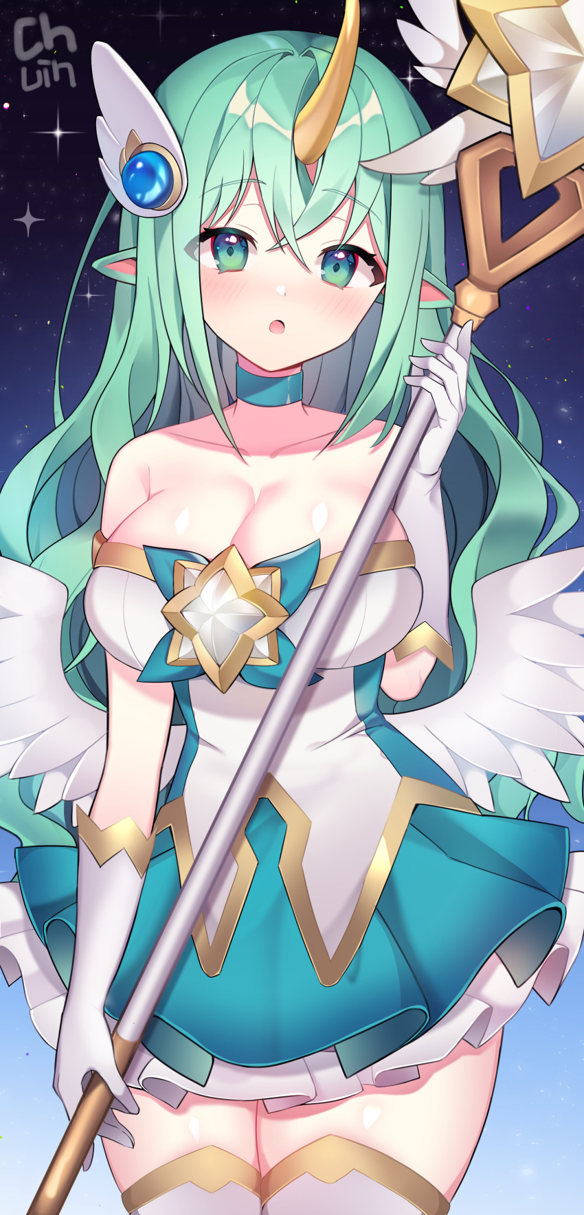 :o absurdres breasts dress gloves green_eyes grey_hair highres large_breasts league_of_legends long_hair open_mouth pelicana soraka_(league_of_legends) star_(sky) star_guardian_(league_of_legends) star_guardian_soraka white_gloves