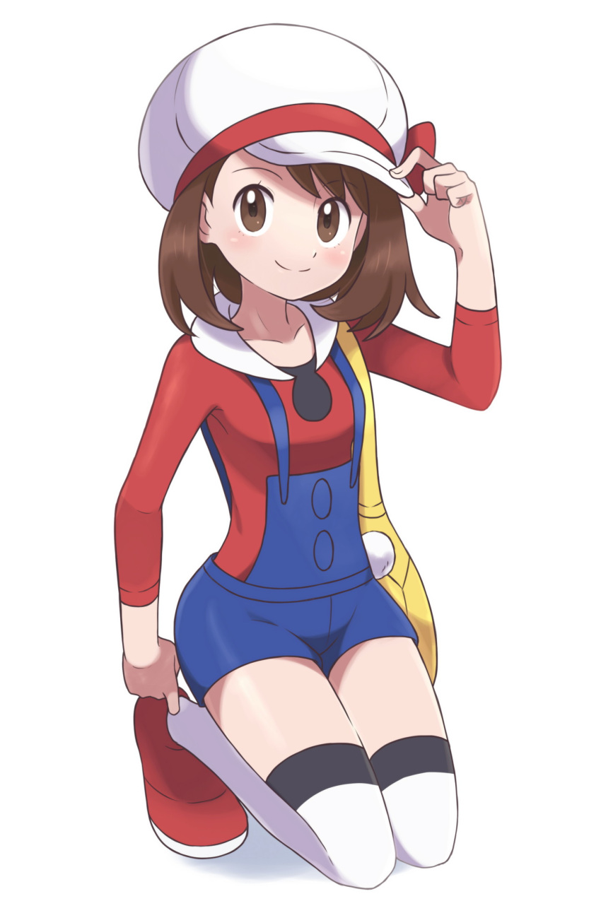 1girl asatsuki_(fgfff) bangs blue_overalls blush bow brown_eyes brown_hair cabbie_hat closed_mouth cosplay eyelashes full_body gloria_(pokemon) hand_on_headwear hat hat_bow highres kneeling lyra_(pokemon) lyra_(pokemon)_(cosplay) overalls pokemon pokemon_(game) pokemon_hgss pokemon_swsh red_bow red_footwear red_shirt shirt shoes short_hair simple_background smile solo split_mouth thighhighs white_background white_headwear yellow_bag