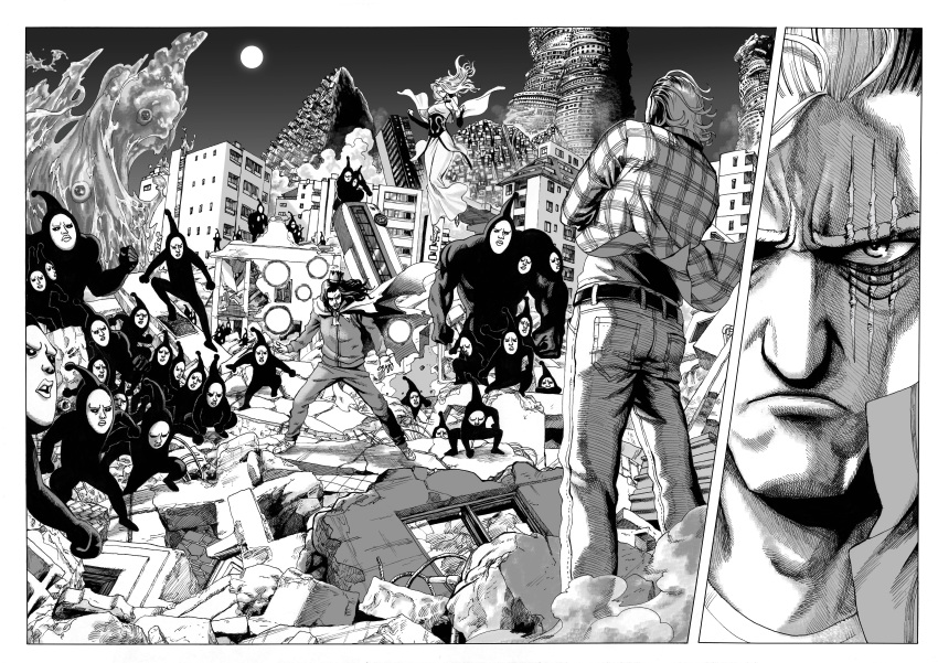 absurdres artist_request black_sperm derivative_work evil_natural_water greyscale highres homeless_emperor king_(one-punch_man) manga_panel_redraw monochrome one-punch_man psychos tagme