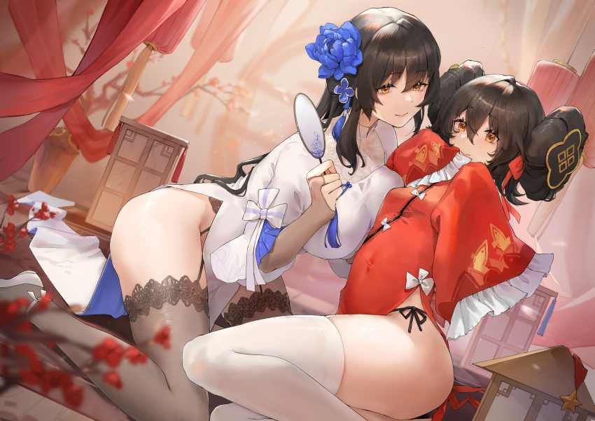 2girls absurdres black_hair blue_flower breast_press breasts bridal_gauntlets brown_thighhighs china_dress chinese_clothes double_bun dress flats flower garter_belt garter_straps girls'_frontline hair_bun hair_flower hair_ornament hand_fan highres lace-trimmed_legwear lace_trim long_hair long_sleeves mole mole_under_eye multiple_girls official_alternate_costume panties paper_fan pelvic_curtain red_dress red_eyes side-tie_panties sleeves_past_fingers sleeves_past_wrists small_breasts sumi_(rainsun02) thighhighs type_95_(girls'_frontline) type_95_(narcissus)_(girls'_frontline) type_97_(girls'_frontline) type_97_(peony)_(girls'_frontline) underwear very_long_hair white_dress white_thighhighs yellow_eyes