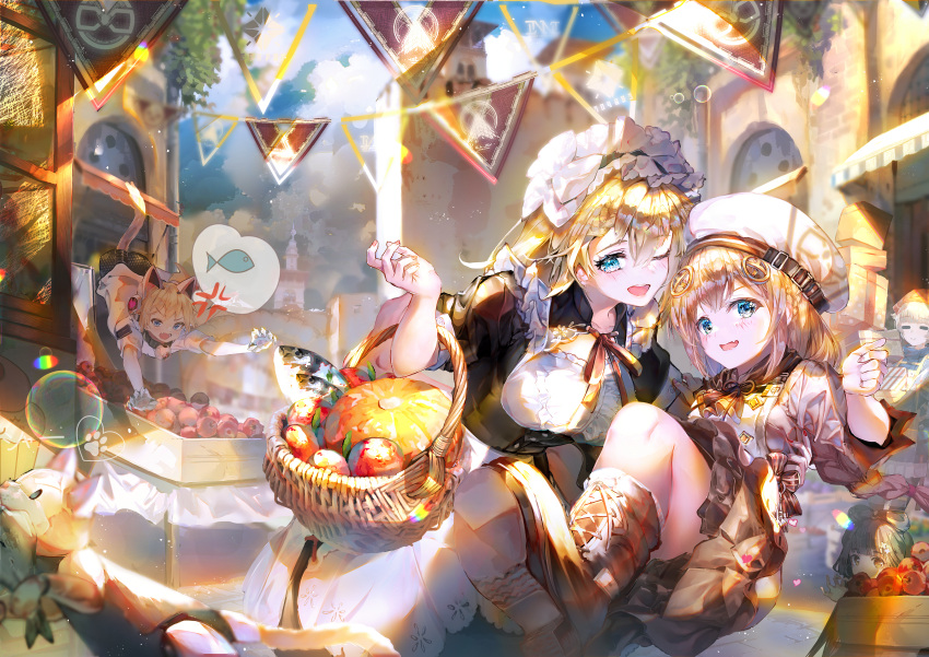 5girls absurdres animal_ears apple basket betty_(girls'_frontline_nc) black_dress blonde_hair blue_eyes blush boots brown_dress brown_hair cat cat_ears cat_tail centaureissi_(girls'_frontline_nc) chanzhi_(girls'_frontline_nc) choco_(girls'_frontline_nc) commentary dress english_commentary fish fnc_(girls'_frontline) food frilled_headwear fruit g36_(girls'_frontline) girls'_frontline girls'_frontline_neural_cloud hair_ornament hat highres idw_(girls'_frontline) jessie_(girls'_frontline_nc) karachiiy long_hair m1897_(girls'_frontline) maid_headdress market multiple_girls one_eye_closed open_mouth outdoors qbu-88_(girls'_frontline) smile tail wicker_basket