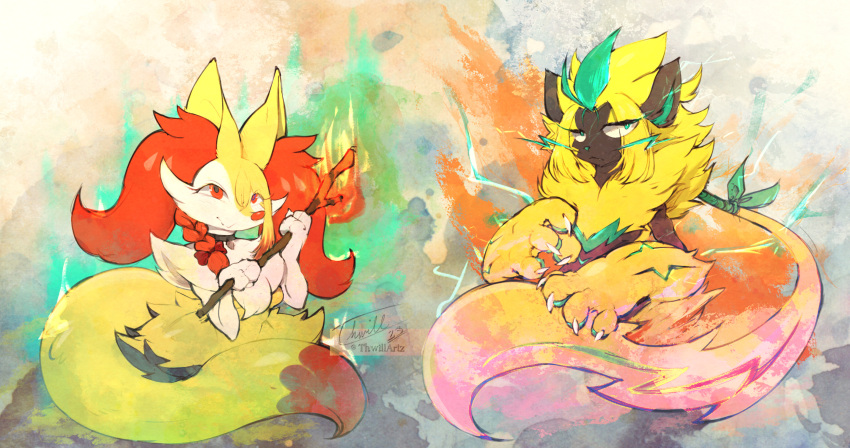2023 abstract_background anthro braided_hair braixen canid canine cheek_tuft chest_tuft claws dipstick_tail duo electricity facial_tuft felid feline female finger_claws fire fur generation_6_pokemon generation_7_pokemon green_body green_eyes green_fur green_pawpads hair hi_res inner_ear_fluff legendary_pokemon male mammal markings nintendo pardonne pawpads pokemon pokemon_(species) red_body red_eyes red_fur red_nose shaded signature stick tail tail_markings thwillartz tuft white_body white_fur yanuna yellow_body yellow_fur zeraora