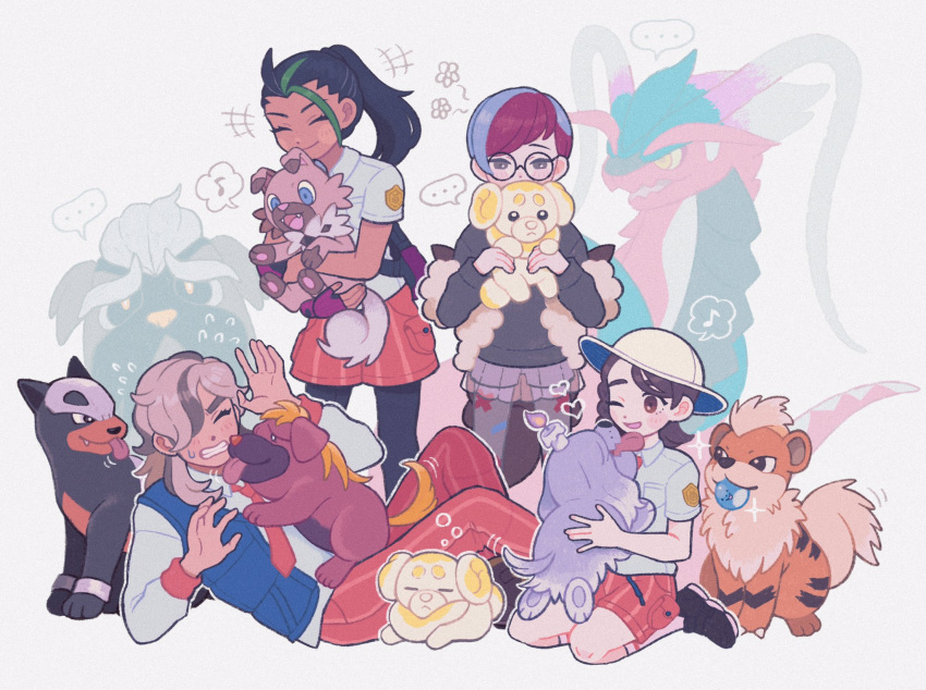 +++ ... 1boy 3girls ;d arven_(pokemon) bangs black_footwear black_hair blue_vest blush brown_hair clenched_teeth closed_eyes closed_mouth collared_shirt commentary fidough glasses greavard green_hair growlithe hat heart highres holding holding_pokemon houndour juliana_(pokemon) koraidon mabosstiff maschiff mouth_hold mt_kkrd multicolored_hair multiple_girls musical_note necktie nemona_(pokemon) one_eye_closed orange_necktie orange_pants orange_shorts pants penny_(pokemon) pokemon pokemon_(creature) pokemon_(game) pokemon_sv ponytail red_hair rockruff round_eyewear shirt shoes shorts smile socks spoken_ellipsis spoken_musical_note symbol-only_commentary teeth two-tone_hair vest white_headwear