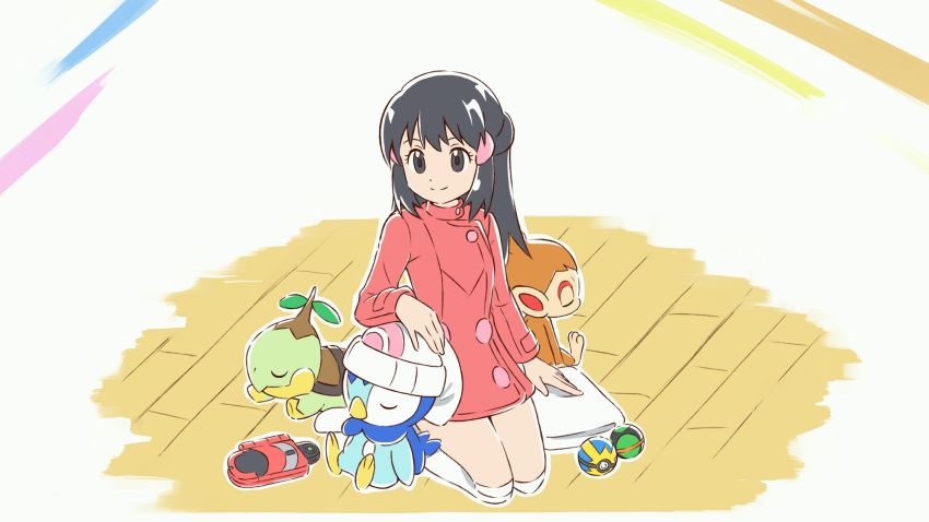 1girl asatsuki_(fgfff) bangs beanie black_hair buttons chimchar closed_eyes closed_mouth clothed_pokemon coat commentary_request dawn_(pokemon) dusk_ball hair_ornament hairclip hat highres long_hair long_sleeves looking_down over-kneehighs piplup poke_ball pokemon pokemon_(creature) pokemon_(game) pokemon_dppt pokemon_platinum quick_ball sidelocks sitting sleeping smile split_mouth starter_pokemon_trio thighhighs turtwig white_headwear wooden_floor