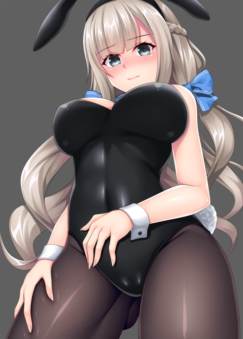 1girl absurdres alternate_costume animal_ears black_leotard black_pantyhose blonde_hair blue_eyes blush breasts closed_mouth cowboy_shot fake_animal_ears fake_tail fingernails grey_background highres kantai_collection large_breasts leotard long_hair maryland_(kancolle) pantyhose rabbit_ears rabbit_tail ruin_re_birth simple_background solo strapless strapless_leotard tail wrist_cuffs