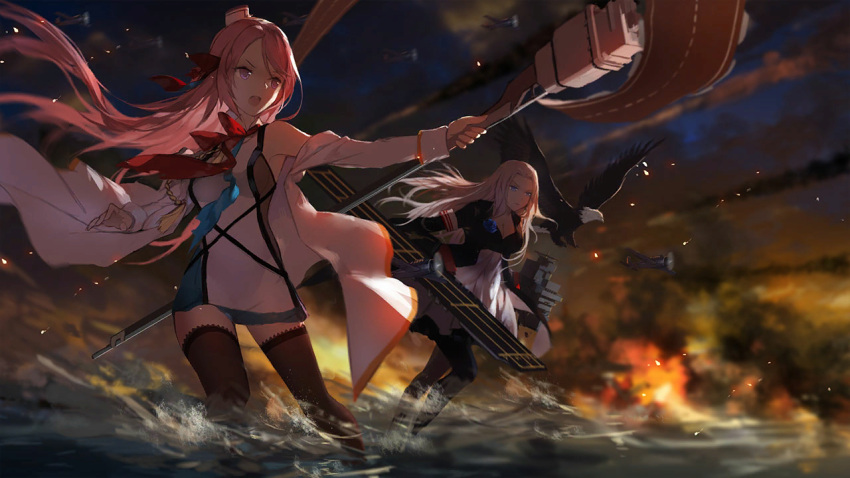 2girls aircraft airplane armband artist_request azur_lane bald_eagle bird blue_flower blue_rose breasts cleavage eagle fire flower grim_(azur_lane) hair_ribbon hat lexington_(azur_lane) long_hair multiple_girls off_shoulder official_art open_mouth pantyhose pink_hair purple_eyes ribbon rose skirt thighhighs war water white_hair yorktown_(azur_lane)