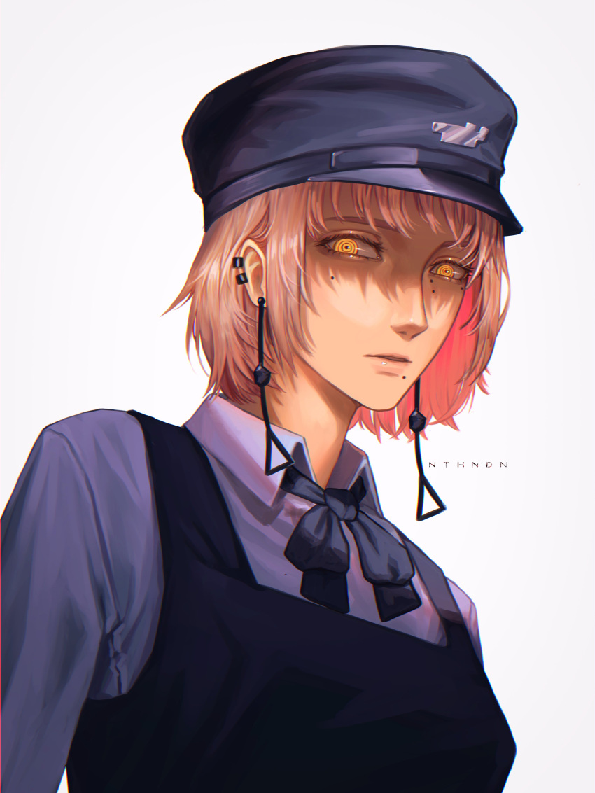 1girl absurdres artist_name bangs black_ribbon brown_hair chainsaw_man dress earrings fami_(chainsaw_man) fourth_east_high_school_uniform hat highres jewelry looking_at_viewer military_hat mole mole_under_eye mole_under_mouth multiple_moles neck_ribbon nthndn pinafore_dress ribbon ringed_eyes school_uniform short_hair simple_background solo tassel tassel_earrings white_background yellow_eyes