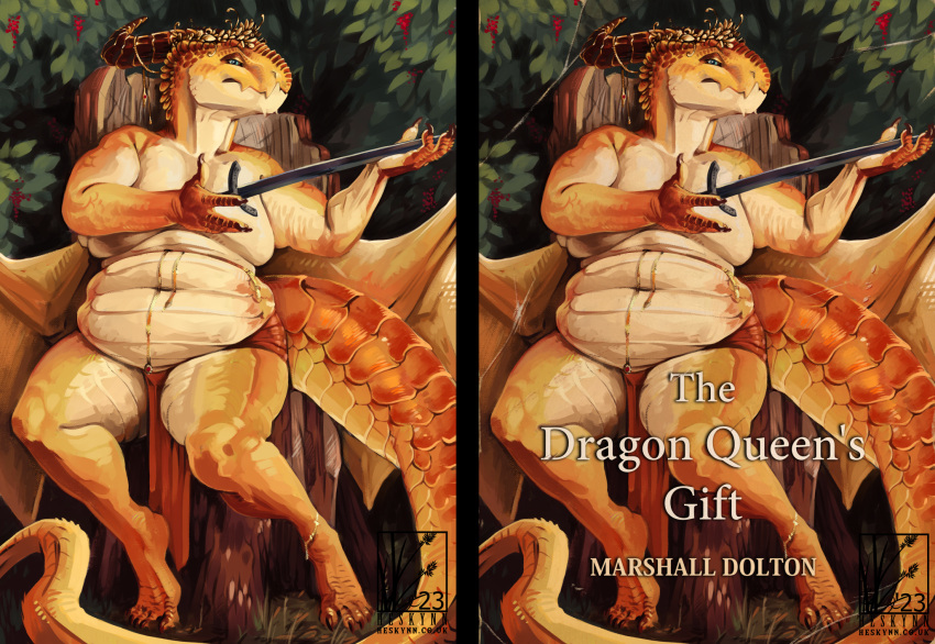 anthro berry bookcover dragon fantasy fat_characters fat_female fat_rolls female food forest fruit gold golden hi_res illustration melee_weapon plant solo sword tail thick_tail tree weapon woodland