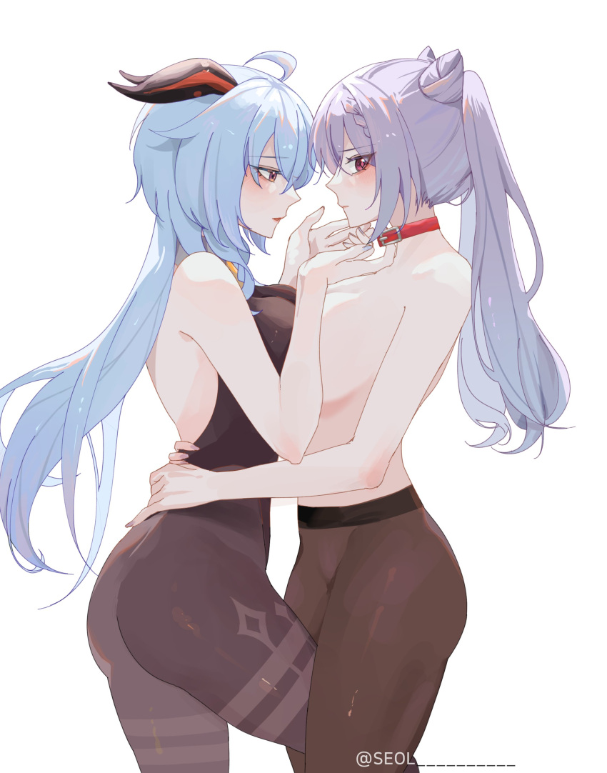 2girls absurdres alternate_breast_size ass baconontheclock bangs bare_shoulders black_bodysuit black_pantyhose blue_hair blush bodysuit breast_press breasts closed_mouth collar from_side genshin_impact hair_between_eyes highres horns keqing_(genshin_impact) large_breasts long_hair medium_breasts multiple_girls nail_polish pantyhose parted_lips profile purple_hair purple_nails red_collar simple_background symmetrical_docking topless twintails white_background yuri