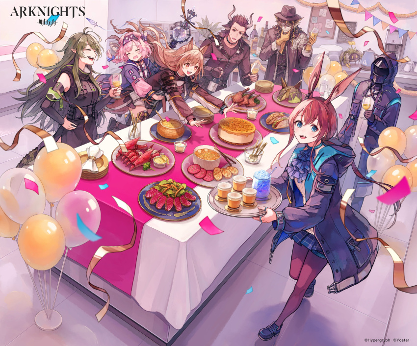 1other 2boys 4girls absurdres ambiguous_gender amiya_(arknights) animal_ears arknights balloon bottle cake cat_ears cat_girl ceobe_(arknights) coffee_maker_(object) cow_boy cow_ears cow_horns crab crocodilian_tail cup doctor_(arknights) dog_ears dog_girl dragon_boy drinking_glass fedora fondue food furry furry_male gavial_(arknights) gloves goldenglow_(arknights) green_hair hat highres holding holding_staff horns kettle lamb_chops lee_(arknights) matterhorn_(arknights) metal_crab_(arknights) multiple_boys multiple_girls mythological_creature official_art originium_slug_(arknights) plate pointy_ears rabbit_ears rabbit_girl staff table taco tail wine_bottle wine_glass yellow_gloves