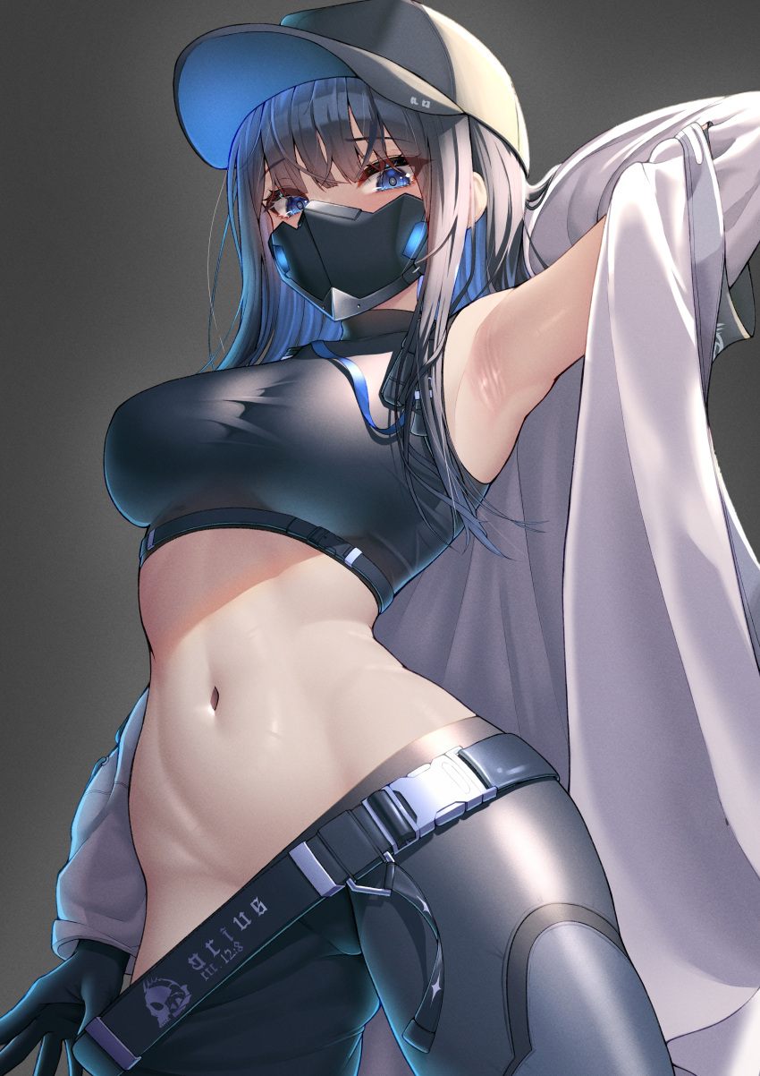 1girl absurdres armpits bangs bare_shoulders baseball_cap belt black_belt black_hair black_headwear black_pants black_shirt blue_archive blue_eyes breasts coat covered_mouth crop_top gloves grey_background groin hat highres jacket large_breasts long_hair looking_at_viewer mask midriff mouth_mask multicolored_hair navel okayusonmu pants saori_(blue_archive) shirt sidelocks sleeveless sleeveless_shirt solo stomach underbust undressing white_coat