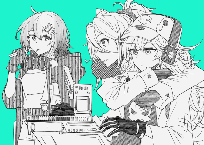 3girls ahoge antonina_(girls'_frontline_nc) aqua_background candy croque_(girls'_frontline_nc) expressionless fingerless_gloves food fur_collar girls'_frontline girls'_frontline_neural_cloud gloves goggles goggles_around_neck greyscale hair_between_eyes hair_ornament hair_scrunchie hat headphones holding holding_wrench hug hug_from_behind jacket lollipop long_hair long_sleeves looking_at_another monochrome multiple_girls nakiusagi scrunchie skull_print sol_(girls'_frontline_nc) typing upper_body wrench
