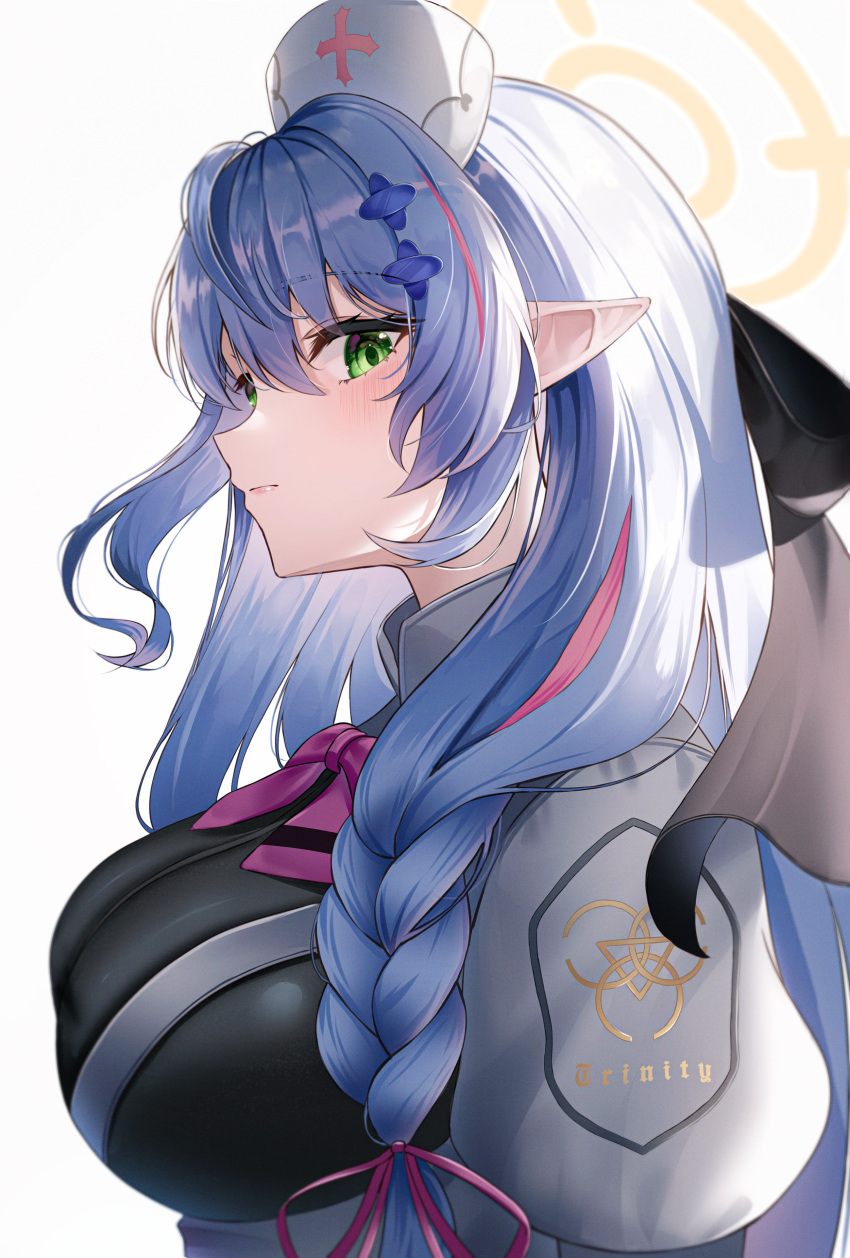 1girl absurdres blue_archive blue_hair bow braid breasts green_hair halo hat highres juliet_sleeves large_breasts li_se long_hair long_sleeves looking_to_the_side mine_(blue_archive) nurse_cap pointy_ears profile puffy_sleeves white_background