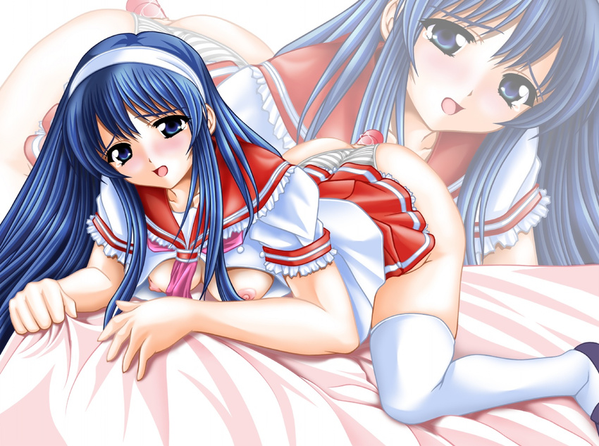 ass ass_up bed big_bang_beat blue_eyes blue_hair blush breasts dildo hairband head_band kyoudou_senna long_hair nipples open_mouth panties school_uniform senna_kyoudou stockings underwear zoom_layer