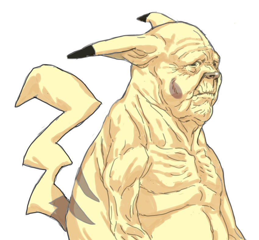 1boy bald closed_mouth creatures_(company) ears_down from_side game_freak gen_1_pokemon highres humanization limited_palette male_focus nintendo nobita nude old old_man pikachu pokemon ribs simple_background solo upper_body what white_background wrinkled_skin wrinkles