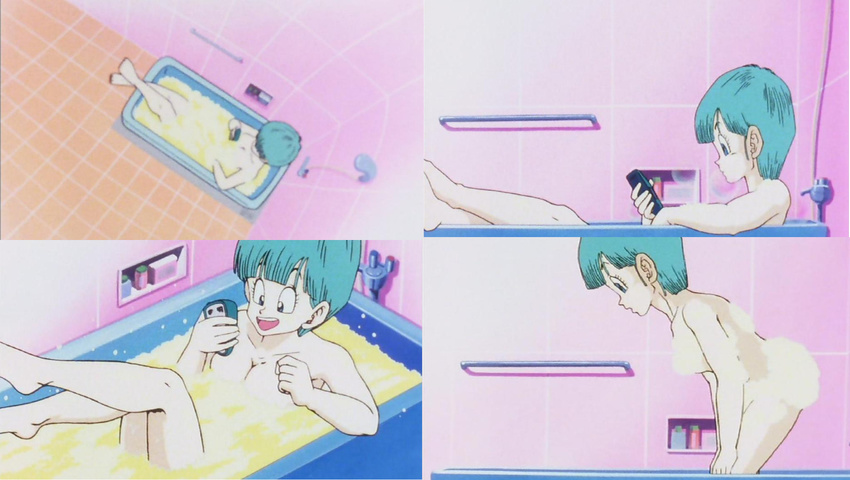 90s :d :o aqua_eyes aqua_hair bangs barefoot bath bathing bathroom blunt_bangs bottle breasts bubble_bath bulma censored clenched_hand collage convenient_censoring crossed_legs dragon_ball dragon_ball_z dutch_angle faucet from_above from_side hands_on_own_knees happy highres holding indoors kneepits leaning_forward legs_up looking_down medium_breasts multiple_views open_mouth parted_lips partially_submerged profile screencap short_hair shower_head sitting smile soap_bubbles standing tile_floor tiles water