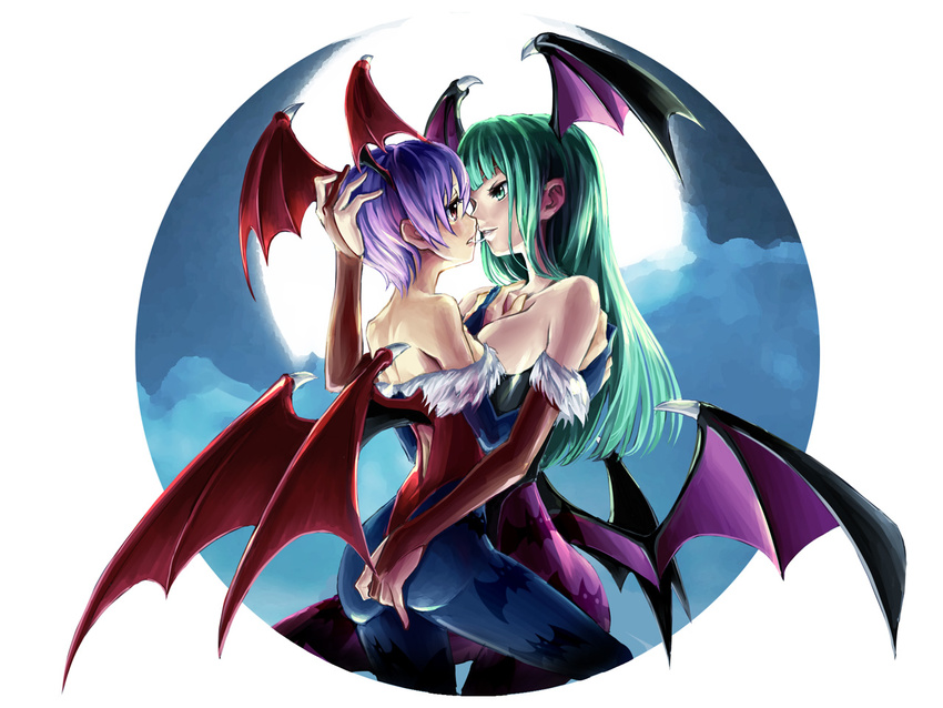 animal_print ass ass_grab bare_shoulders bat_print bat_wings breasts cleavage demon_girl elbow_gloves feathers fingerless_gloves gloves grabbing_another's_ass green_eyes green_hair groping head_wings incest large_breasts leotard lilith_aensland long_hair moon morrigan_aensland multiple_girls night night_sky panties pantyhose print_legwear purple_hair purple_wings red_eyes red_leotard saliva saliva_trail short_hair siblings sky succubus thong tonoimo underwear vampire_(game) wings yuri