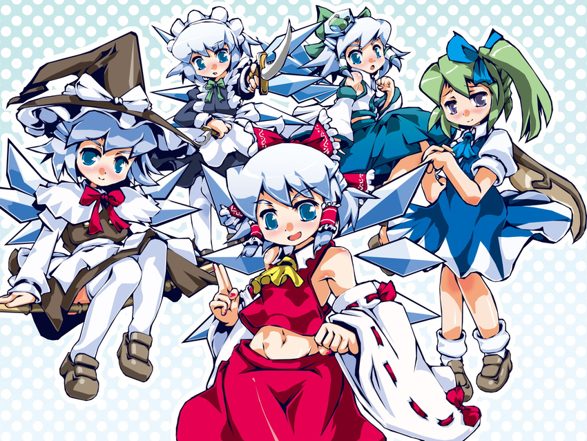 cirno cirno_(cosplay) cosplay daiyousei hakurei_reimu hakurei_reimu_(cosplay) hat highres izayoi_sakuya izayoi_sakuya_(cosplay) kirisame_marisa kirisame_marisa_(cosplay) kochiya_sanae kochiya_sanae_(cosplay) multiple_girls sukiyo thighhighs touhou witch_hat