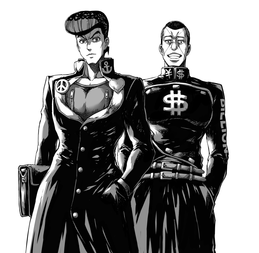 2boys a4typhoon adapted_uniform anchor_symbol bag belt diamond_wa_kudakenai dollar_sign gakuran greyscale hand_in_pocket hands_in_pockets heart higashikata_jousuke highres jojo_no_kimyou_na_bouken male_focus monochrome multiple_boys nijimura_okuyasu peace_symbol pompadour school_bag school_uniform white_background yen_sign