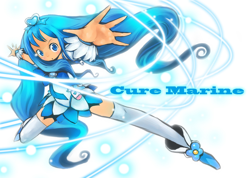 blue blue_eyes blue_hair blue_skirt character_name cure_marine heartcatch_precure! highres kurumi_erika long_hair magical_girl okera precure skirt solo thighhighs very_long_hair white_legwear